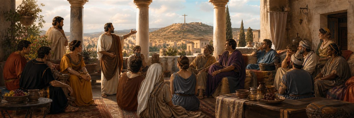 A teacher addressing divided groups in a Corinthian courtyard with a distant wooden cross-shaped beam on a hill